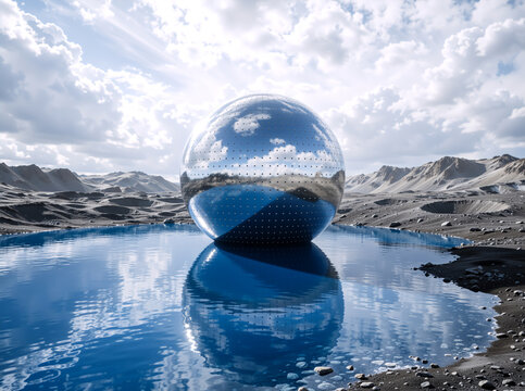 Dimpled reflective metallic sphere in a blue pool of water. Surreal alien landscape with barren rocky terrain and craters under a cloudy sky