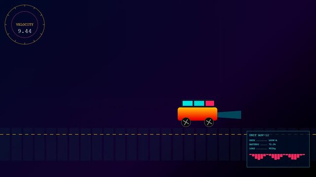 a dark warehouse robotics automated cart travels along a straight path across this digital display while displaying real time velocity metrics and battery levels for performance