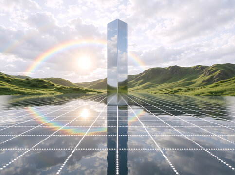 Reflective metallic monolith standing in water with a glowing white grid. Surreal futuristic landscape with green hills and a bright rainbow