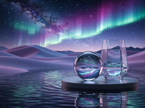 Clear glass sphere and faceted cup on a podium in water. Surreal desert landscape with purple sand dunes under a starry night sky with aurora borealis. Abstract cosmic background