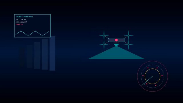 Digital displays showing dark warehouse robotics operation with flying quadcopters scanning floor areas while tracking movement and inventory data across multiple interface panels in deep blue space