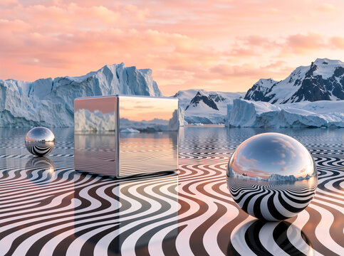 Surreal 3D render of reflective metallic cube and spheres on a black and white striped pattern. Abstract arctic landscape with glaciers at sunset. Futuristic digital art concept