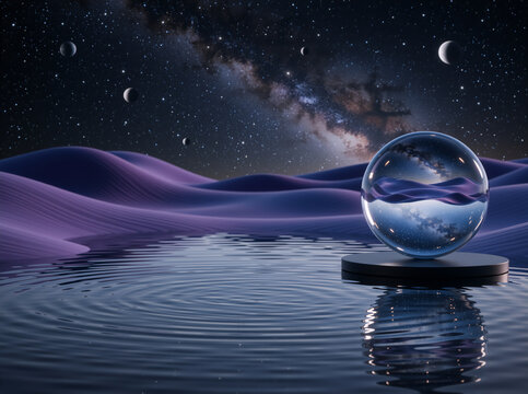 Glass sphere on a pedestal in rippled water against purple sand dunes. Cosmic night sky with Milky Way and planets. Surreal fantasy landscape concept