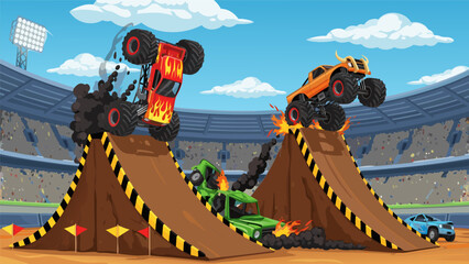 Two monster trucks jump over a green truck on ramps at a stadium event. © Grogolan