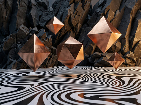 Abstract geometric composition with floating copper shapes. Metallic octahedrons hovering over a black and white wavy pattern floor. Rugged dark rock background