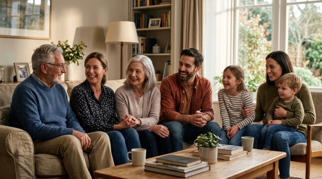 Multi generational family sitting together in a living room
