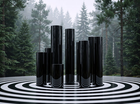 Minimalist black cylindrical pillars in a misty pine forest. Glossy columns on a concentric black and white ring pattern floor. Atmospheric art installation