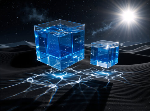 Surreal glass cubes filled with blue water floating over dark desert dunes at night. Starry sky with bright sun casting glowing caustic light patterns