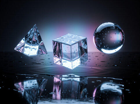 Floating glass geometric pyramid cube and sphere filled with water. Minimalist abstract composition with colorful neon glow and wet reflective surface
