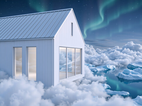 Modern white house with glass windows in fluffy clouds. Surreal arctic landscape with aurora borealis and icebergs at night. Conceptual architectural 3d render