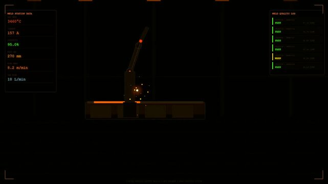 Dark warehouse robotics performing metal welding tasks with digital status panels displaying temperature current and feed rates in a simulated industrial factory monitoring station environment