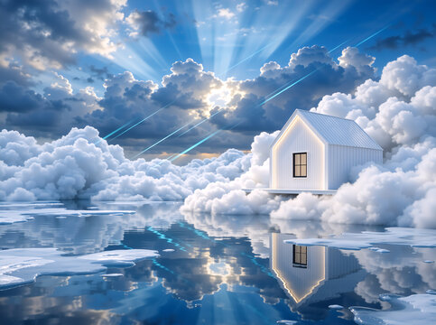 Surreal minimalist white house floating on a cloud over reflective water. Fantasy home concept with dramatic sky and sunbeams. Digital art illustration