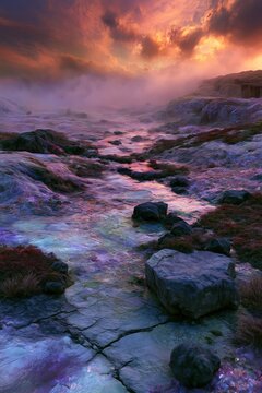 A dreamlike, surreal coastal landscape where a cracked rocky shoreline leads toward a misty horizon under a dramatic sunset. The scene blends cinematic lighting with mineral textures and iridescent p