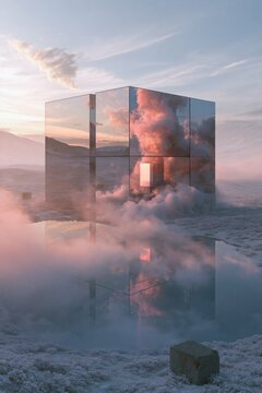 A surreal, dreamlike landscape featuring a reflective glass cube diorama rising from a frost-hued tundra, its mirrored surfaces capturing and bending a pastel sunset sky and billowing clouds. The cub
