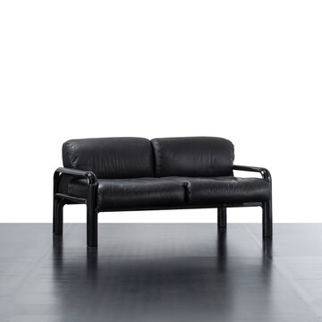 1970s black leather two-seater designer sofa