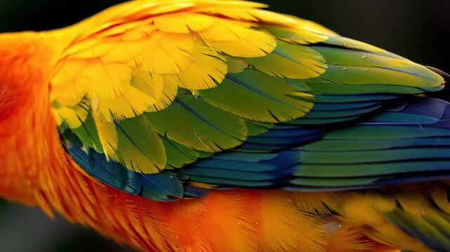 Macro close-up of vibrant parrot feathers showing overlapping orange, yellow, green, and blue plumage with detailed texture and directional lighting on tropical bird wings.