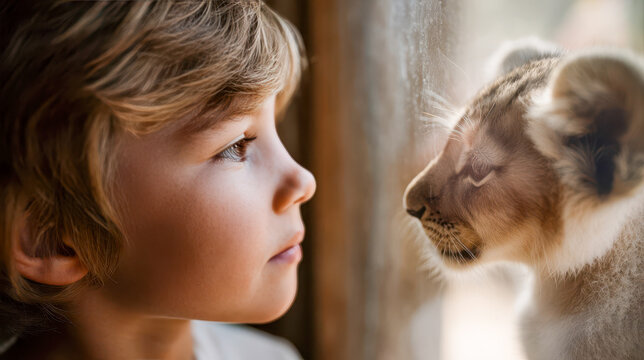 Child and lion cub share a moment through glass at a zoo during a sunny afternoon