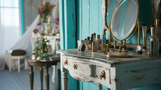 A Vintage Distressed Turquoise Vanity Table with Round Mirror, Cosmetics, and Soft Natural Light