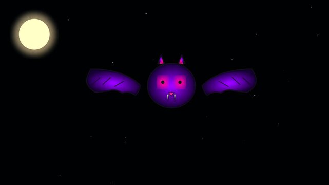 Purple bat animation sequence featuring halloween themes and spooky cyberpunk makeup aesthetic displayed through neon glowing eyes against a dark starry sky during night time