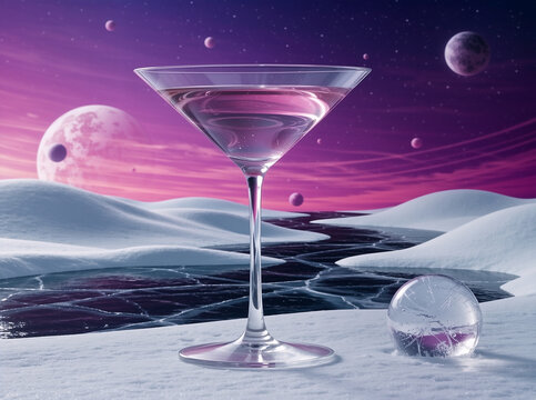 Martini glass with pink liquid on a snowy surface. Surreal alien winter landscape with cracked ice and a magenta starry sky with planets. Futuristic space cocktail concept