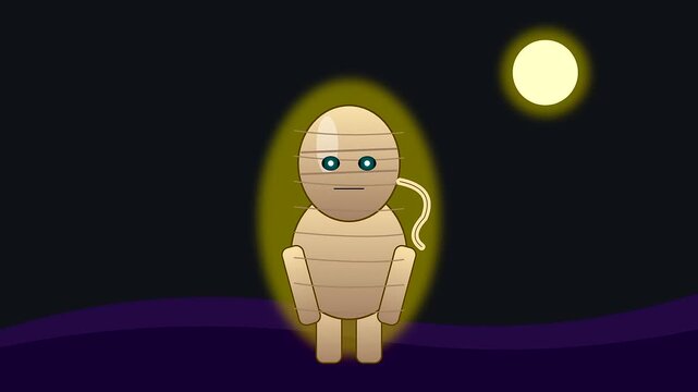 a whimsical mummy character featuring glowing aura effects displays intricate cyberpunk makeup styles as it performs rhythmic arm movements under a bright lunar night sky orb
