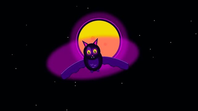 animated cartoon bat flying across night sky with glowing circular aura resembling cyberpunk makeup and halloween atmosphere as character moves rhythmically through the dark celestial space