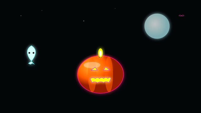 Neon jack o lantern pumpkins glow in a dark space while digital fish shapes mimic cyberpunk makeup style light patterns creating a festive digital seasonal graphic