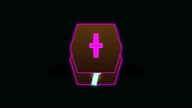 Coffin containers open with mysterious light emerging inside this Halloween graphic featuring vibrant neon outlines inspired by dark cyberpunk makeup aesthetic and digital game design