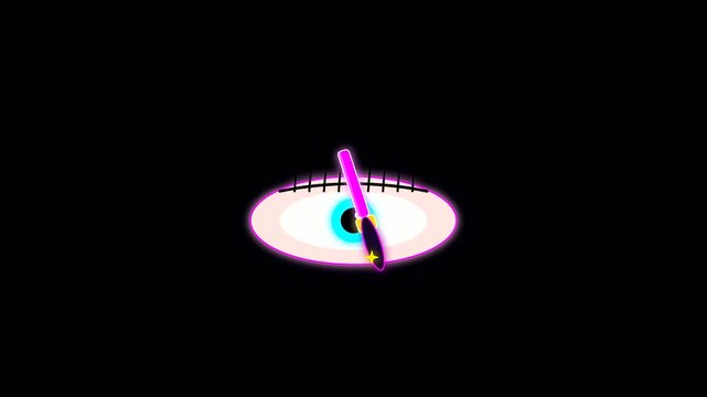A vibrant digital animation of a human eye blinking while receiving halloween cyberpunk makeup application performed by a neon glowing applicator tool on a pitch black canvas