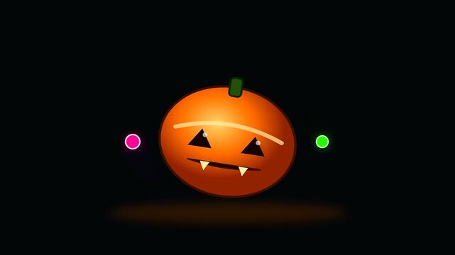 a floating glowing pumpkin character displays dynamic animation featuring cyberpunk makeup elements in a sequence showcasing smooth rhythmic motions against a solid dark midnight color field