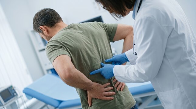 Doctor Examining Patient with Lower Back Pain in Modern Clinic
