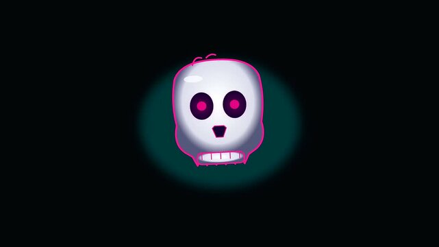 Animated cartoon skull featuring neon glowing cyberpunk makeup elements for a festive halloween celebration in a dark and mysterious digital environment with rhythmic head movement animation