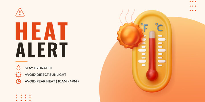 High temperature warning banner. Minimal heat alert banner with 3D hot thermometer and safety tips. Extreme summer temperatures, heatwave awareness concept. Vector illustration