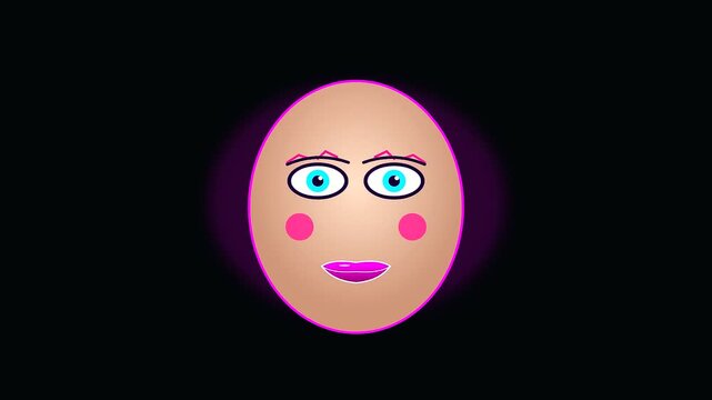 animated egg head character featuring bright neon cyberpunk makeup design inspired by spooky halloween aesthetic showcasing colorful facial features against a solid pitch black environment