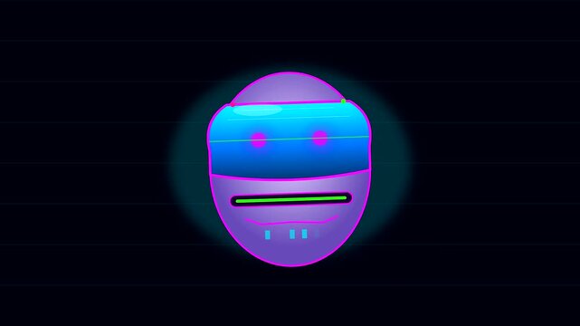 a glowing digital avatar character face wearing spooky halloween cyberpunk makeup features vibrant neon lights and animated glowing eyes moving in a rhythmic rhythmic futuristic pattern