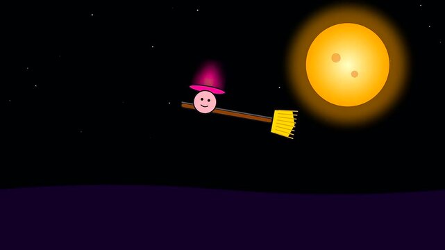 A whimsical cartoon witch wearing cyberpunk makeup flies across the dark night sky on her broomstick past a glowing yellow moon in this halloween animation