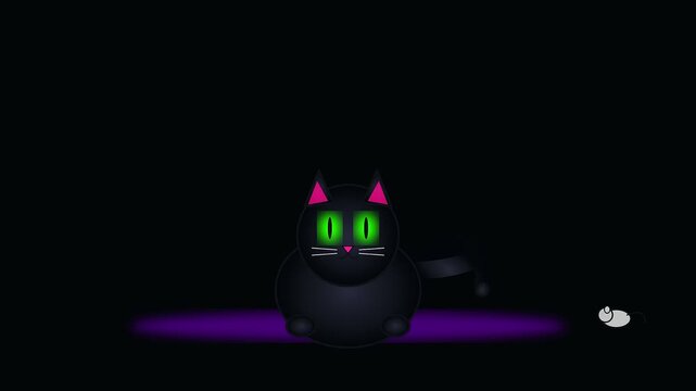 cartoon cat playing with mouse toy in darkness featuring halloween style neon green eyes and vivid cyberpunk makeup aesthetic for a playful festive digital animation