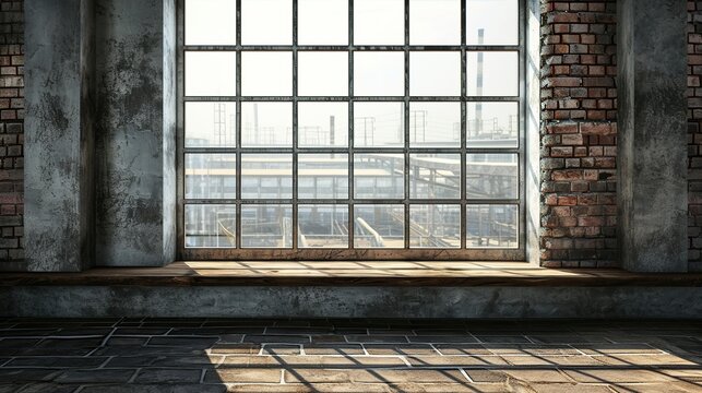 Abandoned industrial interior with large grid window casting sunlight on weathered wooden floor