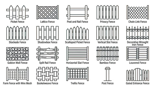 Collection of various fence styles and designs icons