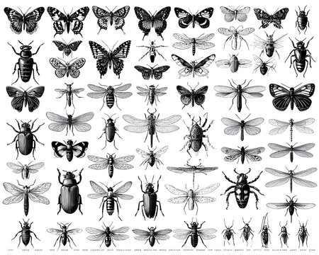 A diverse collection of meticulously detailed vintage insect illustrations featu butterflies dragonflies and beetles in monochrome black and