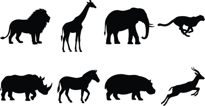 African safari animal silhouette set featuring wild lion giraffe elephant cheetah rhinoceros zebra hippopotamus and gazelle silhouettes