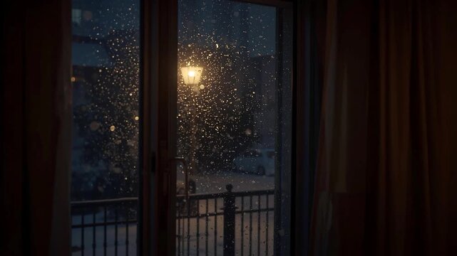 Winter night view of snowfall and a street lamp from a balcony