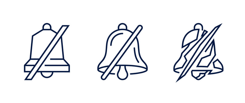 Three minimalist line art icons of bells with diagonal strikethroughs on white background