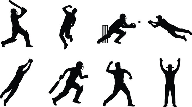 Cricket player silhouette set featuring batsman batting bowler bowling wicketkeeper catching fielder diving and umpire signaling during match