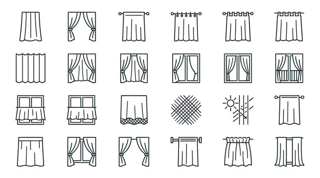 Collection of line art icons representing various window treatments and drapery styles