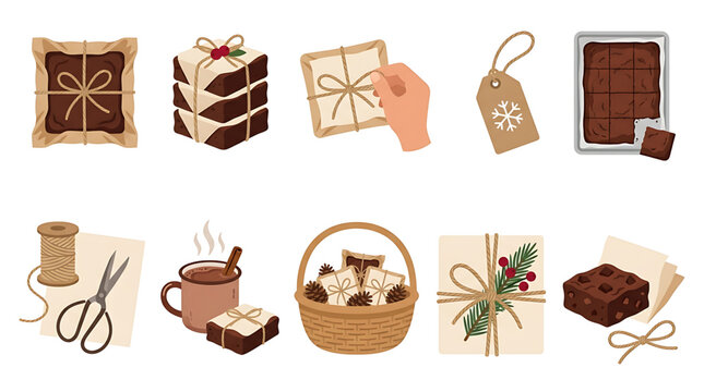 Set of hand drawn brownie gift packaging and holiday treats