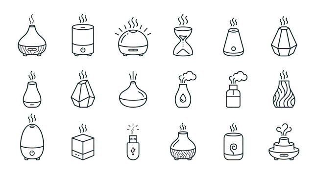 Collection of essential oil diffuser icons and symbols line art