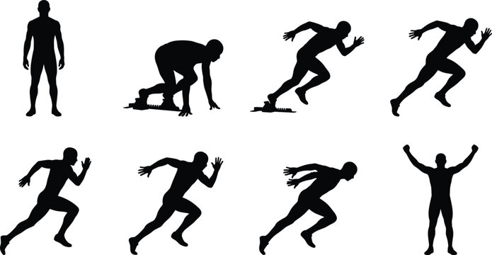 Runner athlete silhouette set featuring sprinter in starting blocks sprinting racing and celebrating victory at track finish line