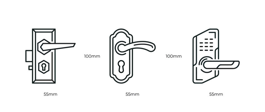 Three different styles of door handle locks with measurement indicators