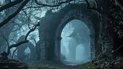 Naklejka premium Ancient moss-covered stone archway within a misty forest ruins at twilight